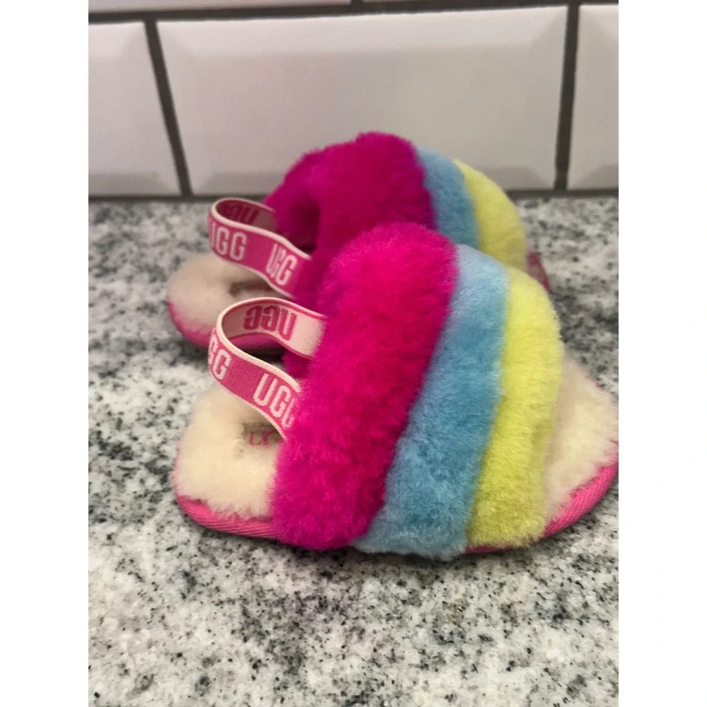 UGG Toddler 6 Fluff Yeah Slide Rainbow Pink Blue Yellow Elastic Slingback Preppy